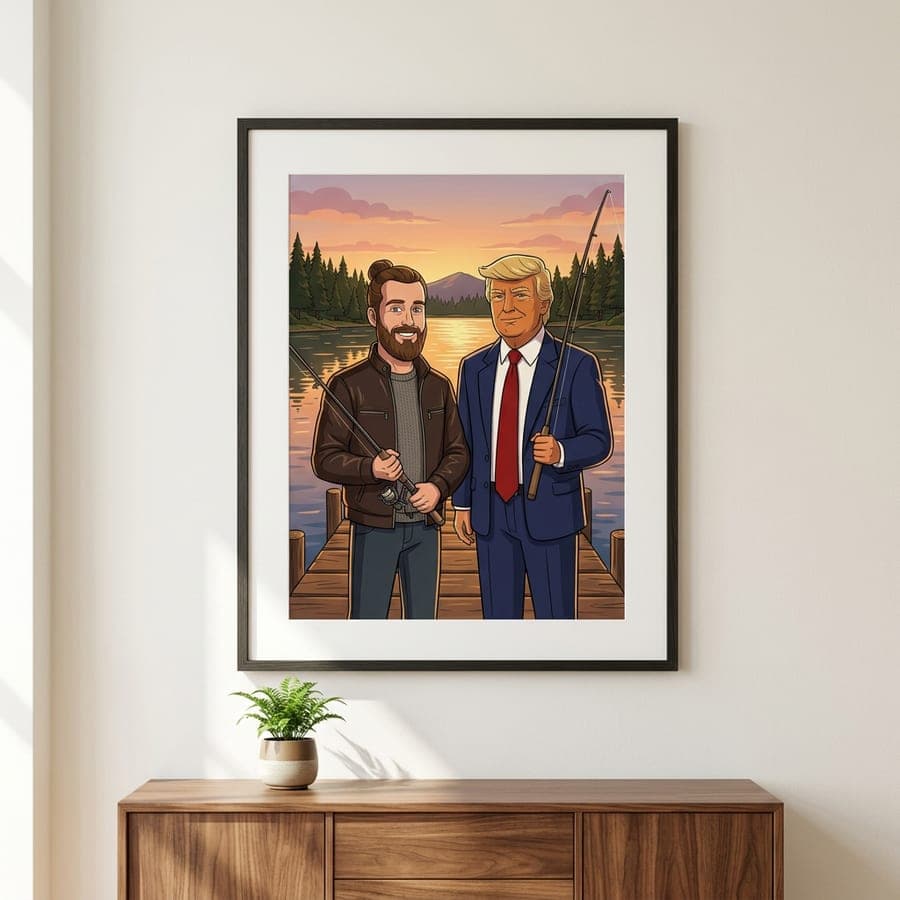Example framed print printed with a cartoon presidential moment, fishing dock