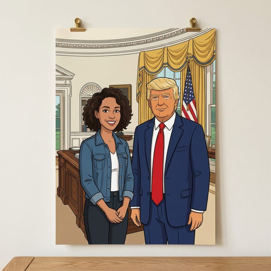 Example poster printed with a cartoon presidential moment, oval office