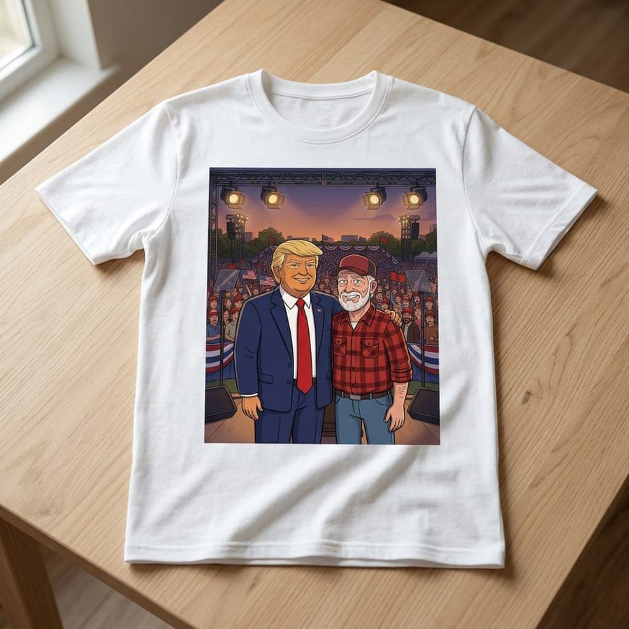 Example t-shirt printed with a cartoon presidential moment, rally stage